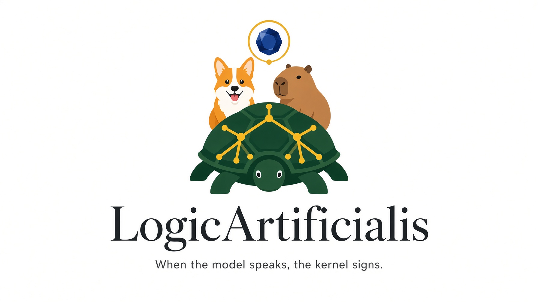 A corgi and capybara behind a turtle whose shell carries a gold proof tree, under a sapphire.