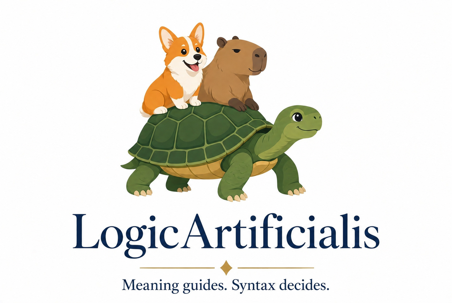 A corgi and a capybara riding a turtle. LogicArtificialis: Meaning guides. Syntax decides.
