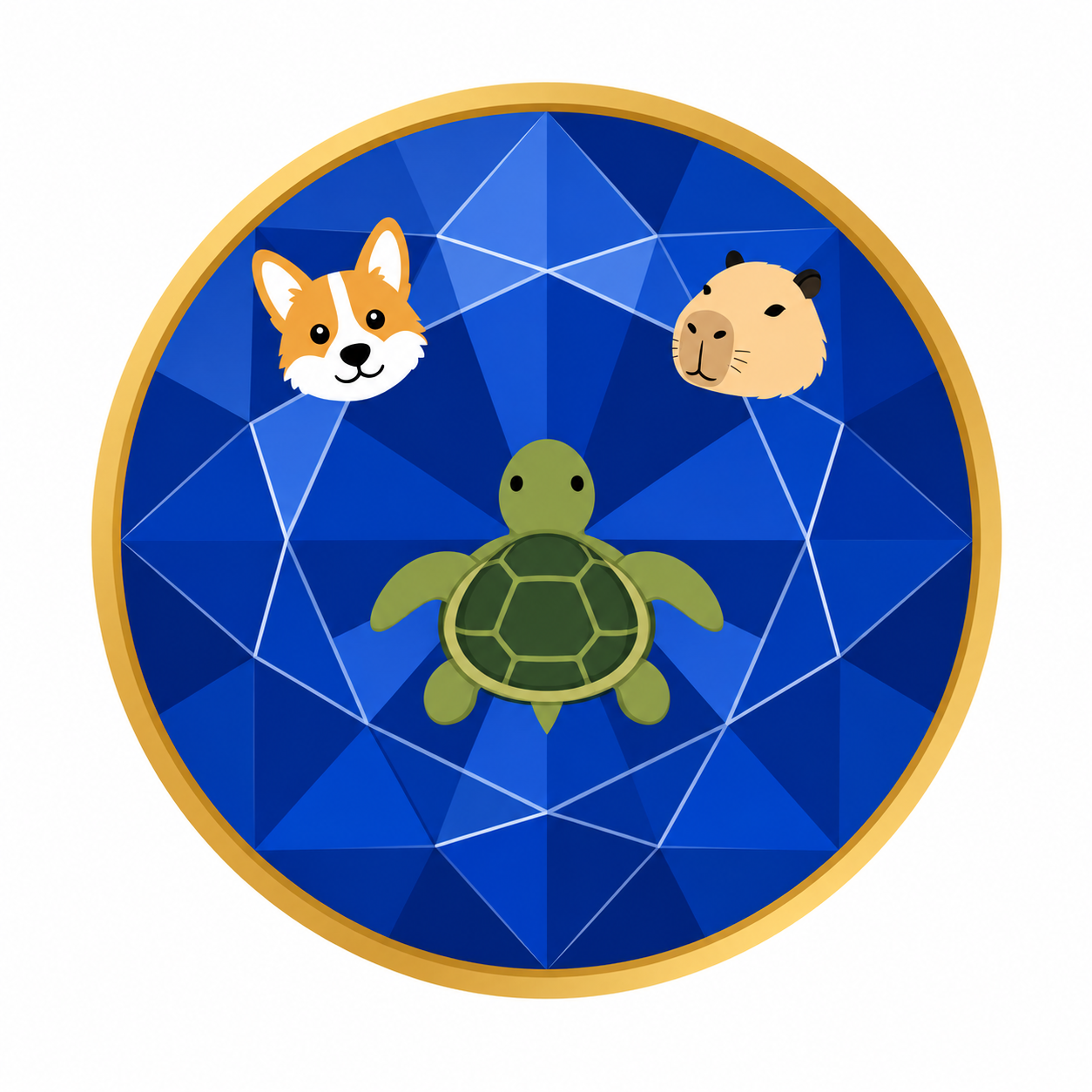 A gold-edged sapphire with the corgi, capybara, and turtle.